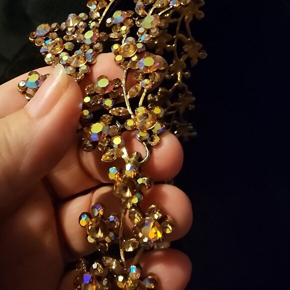 Vintage MCM Golden AB Rhinestone Flower Necklace Heavy Gold Plate Rivoli Stones - Picture 5 of 14